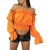 image:imageLYANER Womens Off Shoulder Ruffle Trim Puff Long Sleeve Tube Crop Blouse Shirt TopOrange
