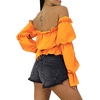 image:imageLYANER Womens Off Shoulder Ruffle Trim Puff Long Sleeve Tube Crop Blouse Shirt TopOrange