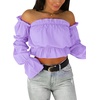image:imageLYANER Womens Off Shoulder Ruffle Trim Puff Long Sleeve Tube Crop Blouse Shirt TopPurple