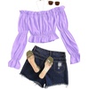 image:imageLYANER Womens Off Shoulder Ruffle Trim Puff Long Sleeve Tube Crop Blouse Shirt TopPurple