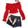 image:imageLYANER Womens Off Shoulder Ruffle Trim Puff Long Sleeve Tube Crop Blouse Shirt TopRed