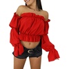 image:imageLYANER Womens Off Shoulder Ruffle Trim Puff Long Sleeve Tube Crop Blouse Shirt TopRed