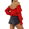 image:imageLYANER Womens Off Shoulder Ruffle Trim Puff Long Sleeve Tube Crop Blouse Shirt TopRed