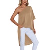 image:imageLYANER Womens One Shoulder Batwing Short Sleeve Blouse High Low Hem Long Shirt TopKhaki