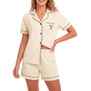 image:imageLYANER Womens Pajamas Set Heart Print Button Short Sleeve Shirt With Shorts Sleepwear Pjs Lounge SetBeign
