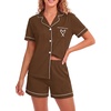 image:imageLYANER Womens Pajamas Set Heart Print Button Short Sleeve Shirt With Shorts Sleepwear Pjs Lounge SetBrown
