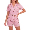 image:imageLYANER Womens Pajamas Set Heart Print Button Short Sleeve Shirt With Shorts Sleepwear Pjs Lounge SetCherry Pink