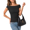 image:imageLYANER Womens Ribbed Knit Boat Neck Cap Sleeve Slim Fit Elegant Blouse TopBlack