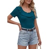 image:imageLYANER Womens Ribbed Ruffle Scoop Neck Short Sleeve Slim Fit Elegant Blouse TopLake Blue