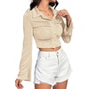 image:imageLYANER Womens Ruched Front Button Down V Neck Bell Long Sleeve Crop Tops Dressy Blouse ShirtBeige