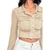 image:imageLYANER Womens Ruched Front Button Down V Neck Bell Long Sleeve Crop Tops Dressy Blouse ShirtBeige