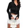 image:imageLYANER Womens Ruched Front Button Down V Neck Bell Long Sleeve Crop Tops Dressy Blouse ShirtBlack