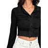 image:imageLYANER Womens Ruched Front Button Down V Neck Bell Long Sleeve Crop Tops Dressy Blouse ShirtBlack