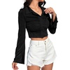 image:imageLYANER Womens Ruched Front Button Down V Neck Bell Long Sleeve Crop Tops Dressy Blouse ShirtBlack