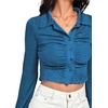 image:imageLYANER Womens Ruched Front Button Down V Neck Bell Long Sleeve Crop Tops Dressy Blouse ShirtBlue