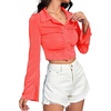 image:imageLYANER Womens Ruched Front Button Down V Neck Bell Long Sleeve Crop Tops Dressy Blouse ShirtBright Pink