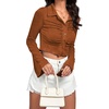 image:imageLYANER Womens Ruched Front Button Down V Neck Bell Long Sleeve Crop Tops Dressy Blouse ShirtBrown