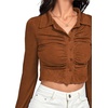 image:imageLYANER Womens Ruched Front Button Down V Neck Bell Long Sleeve Crop Tops Dressy Blouse ShirtBrown