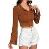 image:imageLYANER Womens Ruched Front Button Down V Neck Bell Long Sleeve Crop Tops Dressy Blouse ShirtBrown