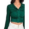 image:imageLYANER Womens Ruched Front Button Down V Neck Bell Long Sleeve Crop Tops Dressy Blouse ShirtDark Green