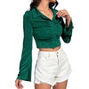 image:imageLYANER Womens Ruched Front Button Down V Neck Bell Long Sleeve Crop Tops Dressy Blouse ShirtDark Green