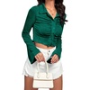 image:imageLYANER Womens Ruched Front Button Down V Neck Bell Long Sleeve Crop Tops Dressy Blouse ShirtDark Green