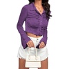 image:imageLYANER Womens Ruched Front Button Down V Neck Bell Long Sleeve Crop Tops Dressy Blouse ShirtDark Purple