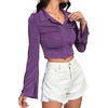 image:imageLYANER Womens Ruched Front Button Down V Neck Bell Long Sleeve Crop Tops Dressy Blouse ShirtDark Purple