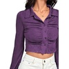 image:imageLYANER Womens Ruched Front Button Down V Neck Bell Long Sleeve Crop Tops Dressy Blouse ShirtDark Purple
