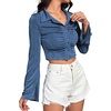 image:imageLYANER Womens Ruched Front Button Down V Neck Bell Long Sleeve Crop Tops Dressy Blouse ShirtDusty Blue