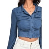 image:imageLYANER Womens Ruched Front Button Down V Neck Bell Long Sleeve Crop Tops Dressy Blouse ShirtDusty Blue