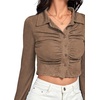 image:imageLYANER Womens Ruched Front Button Down V Neck Bell Long Sleeve Crop Tops Dressy Blouse ShirtKhaki