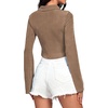 image:imageLYANER Womens Ruched Front Button Down V Neck Bell Long Sleeve Crop Tops Dressy Blouse ShirtKhaki