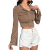 image:imageLYANER Womens Ruched Front Button Down V Neck Bell Long Sleeve Crop Tops Dressy Blouse ShirtKhaki