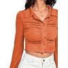 image:imageLYANER Womens Ruched Front Button Down V Neck Bell Long Sleeve Crop Tops Dressy Blouse ShirtOrange