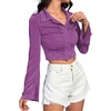 image:imageLYANER Womens Ruched Front Button Down V Neck Bell Long Sleeve Crop Tops Dressy Blouse ShirtPurple