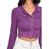 image:imageLYANER Womens Ruched Front Button Down V Neck Bell Long Sleeve Crop Tops Dressy Blouse ShirtPurple