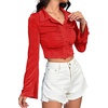 image:imageLYANER Womens Ruched Front Button Down V Neck Bell Long Sleeve Crop Tops Dressy Blouse ShirtRed