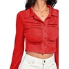 image:imageLYANER Womens Ruched Front Button Down V Neck Bell Long Sleeve Crop Tops Dressy Blouse ShirtRed