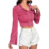 image:imageLYANER Womens Ruched Front Button Down V Neck Bell Long Sleeve Crop Tops Dressy Blouse ShirtRose