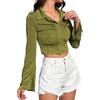 image:imageLYANER Womens Ruched Front Button Down V Neck Bell Long Sleeve Crop Tops Dressy Blouse ShirtSage Green