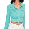 image:imageLYANER Womens Ruched Front Button Down V Neck Bell Long Sleeve Crop Tops Dressy Blouse ShirtSky Blue