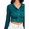 image:imageLYANER Womens Ruched Front Button Down V Neck Bell Long Sleeve Crop Tops Dressy Blouse ShirtTeal Blue