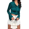 image:imageLYANER Womens Ruched Front Button Down V Neck Bell Long Sleeve Crop Tops Dressy Blouse ShirtTeal Blue