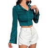 image:imageLYANER Womens Ruched Front Button Down V Neck Bell Long Sleeve Crop Tops Dressy Blouse ShirtTeal Blue