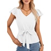 image:imageLYANER Womens Ruffle Cap Sleeve V Neck Tie Belt Dressy Casual Work Blouse Top ShirtWhite