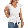 image:imageLYANER Womens Ruffle Cap Sleeve V Neck Tie Belt Dressy Casual Work Blouse Top ShirtWhite