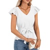 image:imageLYANER Womens Ruffle Cap Sleeve V Neck Tie Belt Dressy Casual Work Blouse Top ShirtWhite