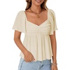 image:imageLYANER Womens Ruffle Peplum Blouse Ruched Sweetheart V Neck Cute ShirtBeige
