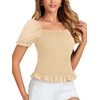 image:imageLYANER Womens Ruffle Peplum Smock Gingham Crop Top Square Neck Puff Short Sleeve Blouse ShirtBeige